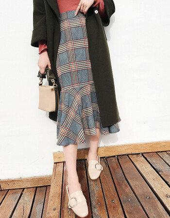 欧美秋季新款背后松紧腰格子鱼尾半身裙格纹优雅荷叶摆裙 格子 s