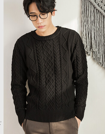 【京东精选】 扭花圆领毛衣男 日系复古粗棒针毛线衫 冬装新品套头衫