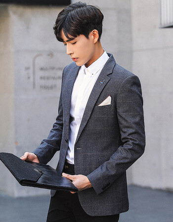 秋季小西装男青年修身英伦休闲韩版潮流帅气格子西服外套男装上衣