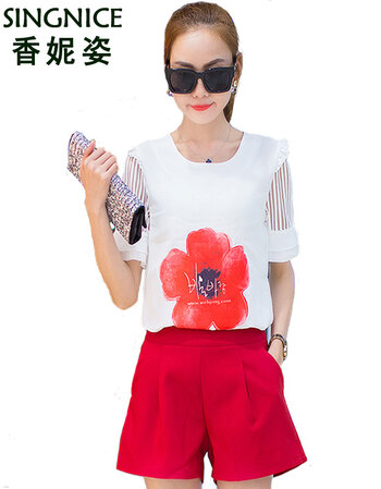 香妮姿2016夏装新款雪纺衫女短袖韩版修身印花上衣两件套XF8872 8872红色 XXXL