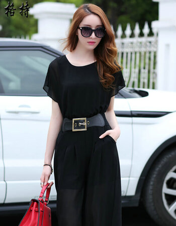 2015夏季新款韩版时尚女装气质ol短袖雪纺上衣  裙裤 腰带lk2083 黑色