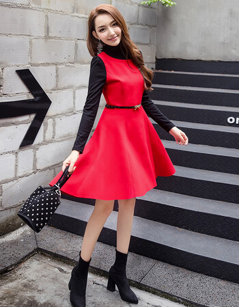 芊妃美冬季胖mm收腰显瘦微胖大码高领毛呢连衣裙长袖假两件燕尾裙