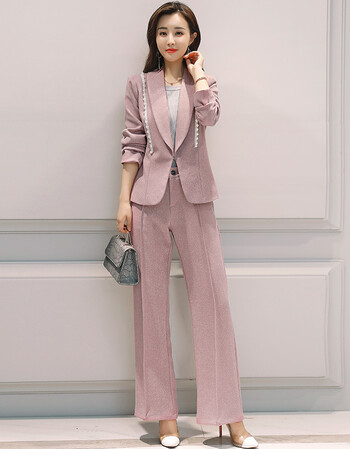 2017秋季韩版小西装套装女长袖小西服阔腿裤两件套时尚套装 粉色 l