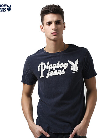 playboy花花公子男士短袖t恤男夏款潮磨破绣花牛仔水洗做旧男款短袖
