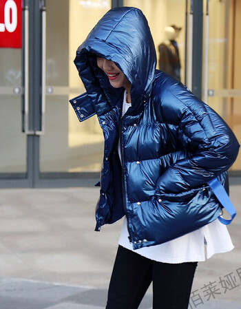 短款连帽女装银色太空服金属亮面加厚面包服羽绒 蓝色 m