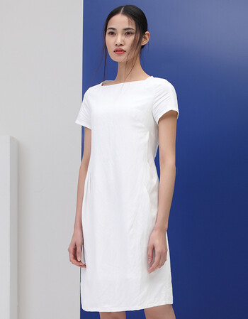 衣之纯yzc 文艺短袖一字领连衣裙ol通勤连身女裙子 米白 m【图片 价格