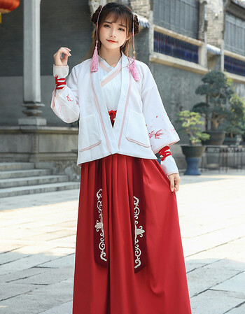 浅末武侠风古装改良汉服女装枣红色鱼鳞绣花交