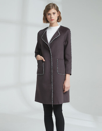 mrrorfun冬装新款简约撞色边贴袋长款双面呢大衣紫色l