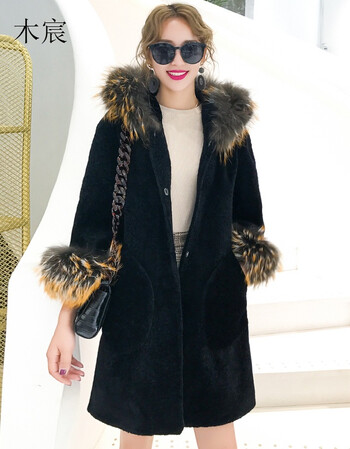 女装 皮草 木宸(muchen) 鲜诺2017秋冬新款带帽貉子领女羊剪绒皮草