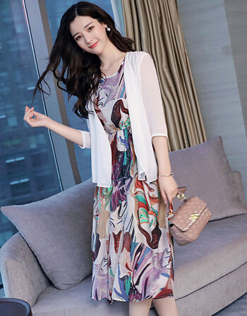 无袖背心裙连衣裙时尚外搭开衫薄外套女士季女装印花裙子 米紫色 xxxl