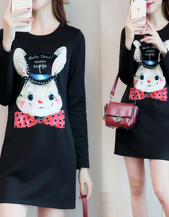2017年大码女装胖秋冬季新韩版中长加绒加厚兔子印花连衣裙 黑色 m