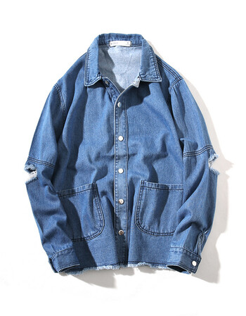 秋季韩版个性破洞牛仔外套男潮流ulzzang宽松bf风纯色牛仔夹克衫 蓝色