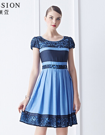 passion/钡萱 都市名媛收腰蕾丝拼接连衣裙15s507g 蓝色 xl