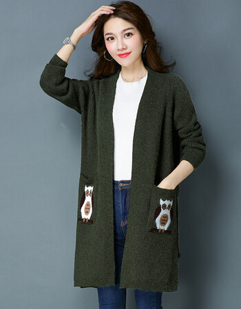 2018新款韩版春装针织开衫女长袖宽松中长款纯色镂空毛衣外套 墨绿色