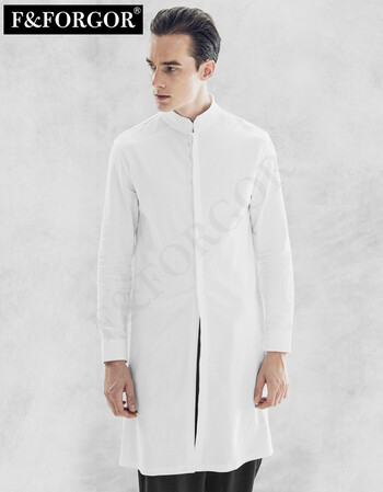 立领亚麻长款衬衫男长袖长衫薄外套简约棉麻复古潮男装秋冬新款 白色