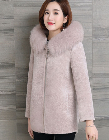 科伦普 羊剪绒大衣女新款2017冬季中长款茧型狐狸毛领连帽羊羔毛皮草