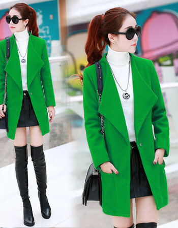 呢外套女中长款修身显瘦长袖韩版羊绒秋冬季新款呢子大衣女装潮 绿色