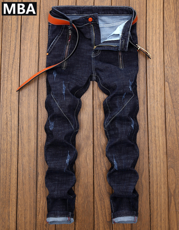 mba 秋冬款拉链牛仔裤男修身小直筒男士复古潮流韩版青年弹力休闲个性