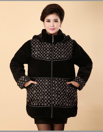 老年棉服女冬装条绒厚外套大码妈妈奶奶装加肥加大棉衣宽松棉袄 黑色