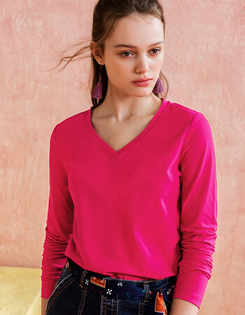 修身长袖v领t恤女2017春秋装新款纯色上衣打底衫111lt005 玫红色 xl