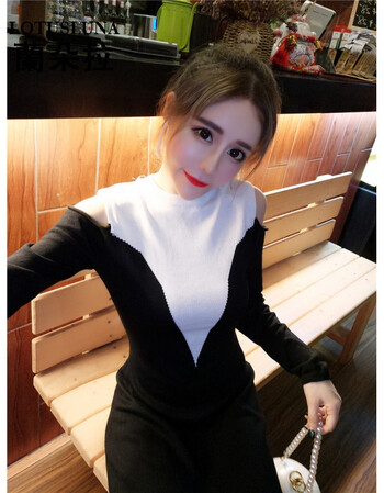 兰朵拉《》新款露肩黑白拼接针织连衣裙 201 黑拼白 均码