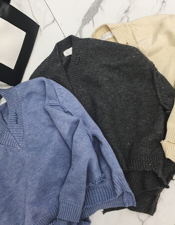 个性乞丐毛衣女v领破洞韩版套头慵懒宽松不规则bf风秋冬 深灰 均码