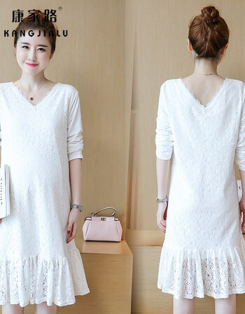 秋装连衣裙韩版时尚v领中长款蕾丝孕妇上衣秋冬加绒打底裙子 白色抓绒