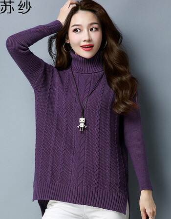 韩版秋冬装新款时尚复古粗毛线衣女宽松休闲高领加厚毛衣女中长款套头