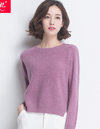 圆领毛衣女短款宽松时尚休闲韩版上衣秋冬纯色纯羊毛衫开衩针织衫