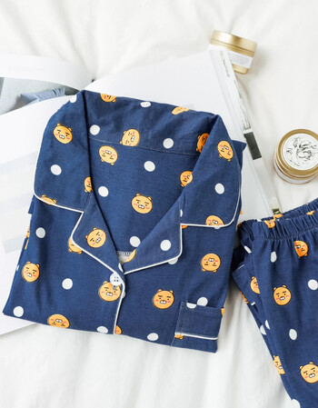 韩国kakao睡衣女秋棉长袖卡通金南俊同款ryan家居服病号服 深蓝色 xl