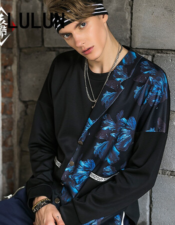 欧美潮牌卫衣男圆领 秋季原创夜店发型师个性耍酷拼接假两件外套 蓝色