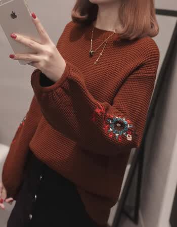 新款韩版女装绣花袖子圆领毛衣休闲宽松打底针织衫女套头6424 铁锈红