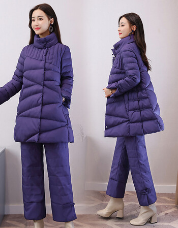 棉衣套装女2017冬季新款大码显瘦棉服外套棉裤阔腿裤两件套 紫色 s