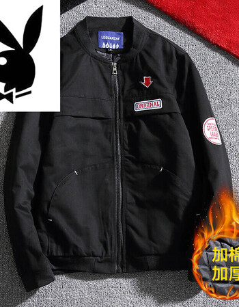 花花公子2018冬季加棉棒球领绣花贴标夹克 黑色 xl