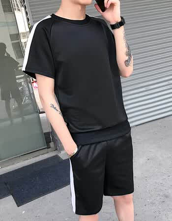夏季韩版流行男装男士休闲修身圆领短袖恤男款五分裤子套装 黑色 xl