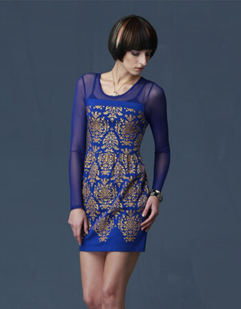 朵以天使秋季新款女装欧美印花网纱长袖连衣裙dml25092dy01a 蓝色 s