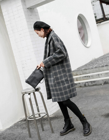 简约格子空气层复合加厚宽松廓形毛呢大衣女中长款呢子外套潮流 灰色