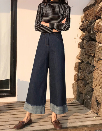 港味韩版时尚高腰宽松显瘦裤脚卷边显高显瘦气质牛仔阔腿裤 女 图片色