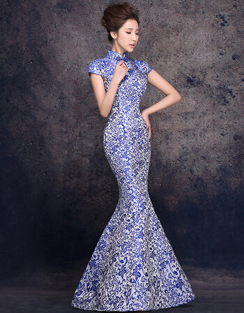 夏尔维纳青花瓷礼服长款鱼尾中式改良旗袍修身宴会晚礼服演出年会礼服