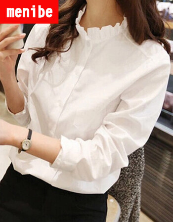 menibe 新款韩版打底白衬衫女长袖花边立领小清新大码女士衬衣潮 白色 M