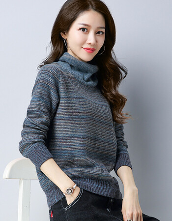 秋冬新款堆堆领毛衣女加厚套头百搭羊绒针织衫修身显瘦羊毛打底衫 兰