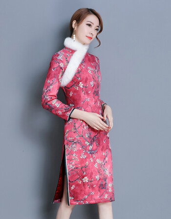 冬季保暖夹棉旗袍长款毛领修身长袖时尚中式连衣裙 花色 xl