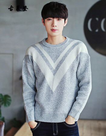 韩版小清新线衣男潮 休闲个性v字印花毛衣衬衫 浅灰色 m