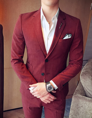 柔和面料钢笔装饰休闲西服套装男九分裤两件套 酒红色 3xl