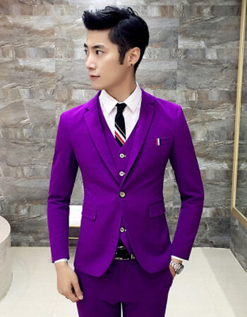 男西装套装 男士婚礼韩版修身新郎三件套西装套装 结婚礼服 紫色 5xl