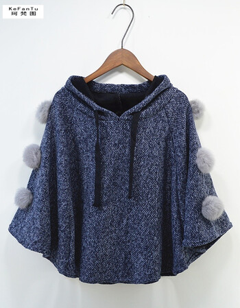 珂梵图2018春季新款学生斗篷外套宽松大码连帽毛球七分袖蝙蝠衫女装