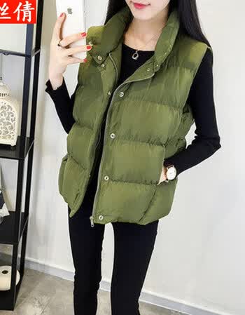 女秋冬马甲短款羽绒棉服背心学生坎肩女秋冬韩版宽松马甲女 军绿色 s