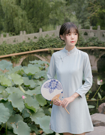 预售 复古汉元素灯芯绒斜襟民国风少女旗袍长袖连衣裙 天青色 s