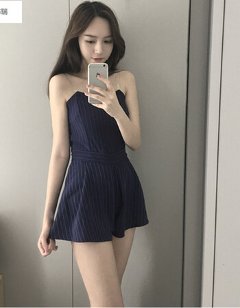 珂丽布瑞-春夏新品薄款性感抹胸吊带露背收腰阔腿短裤女条纹连体裤