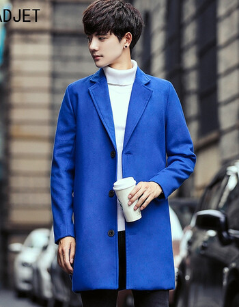 风衣秋冬季2017新款韩版修身中长款大衣休闲帅气毛呢外套潮流 蓝色 m